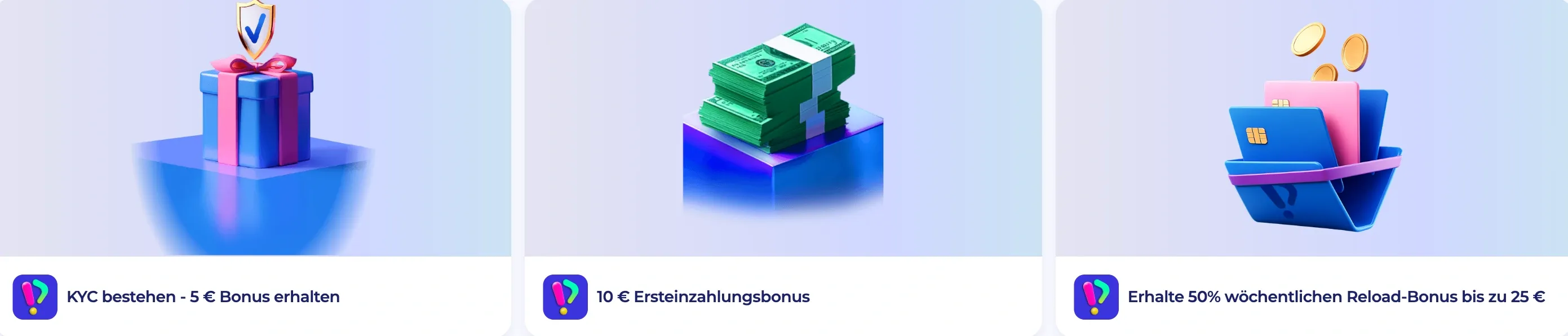 PlayID Rewards Programm Übersicht mit Grafiken: Geschenkbox (KYC Bonus), Geldbündel (Ersteinzahlungsbonus), Geldbörse (Wöchentlicher Reload).