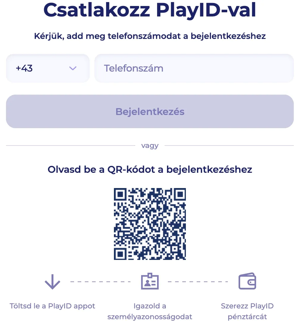 PlayID bejelentkezés telefonszámmal vagy QR-kód beolvasásával a gyors hozzáféréshez