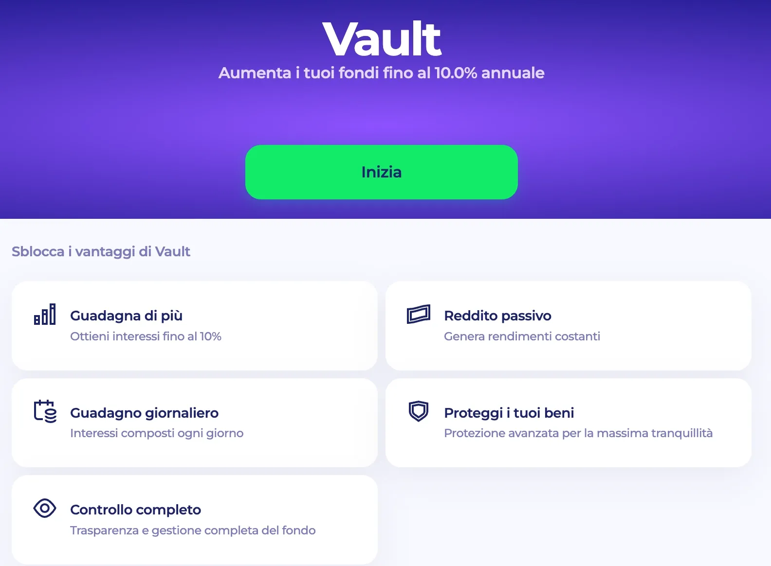 Vantaggi della funzione Vault sulla playid app: interessi composti giornalieri e rendimento fino al 10% annuo.