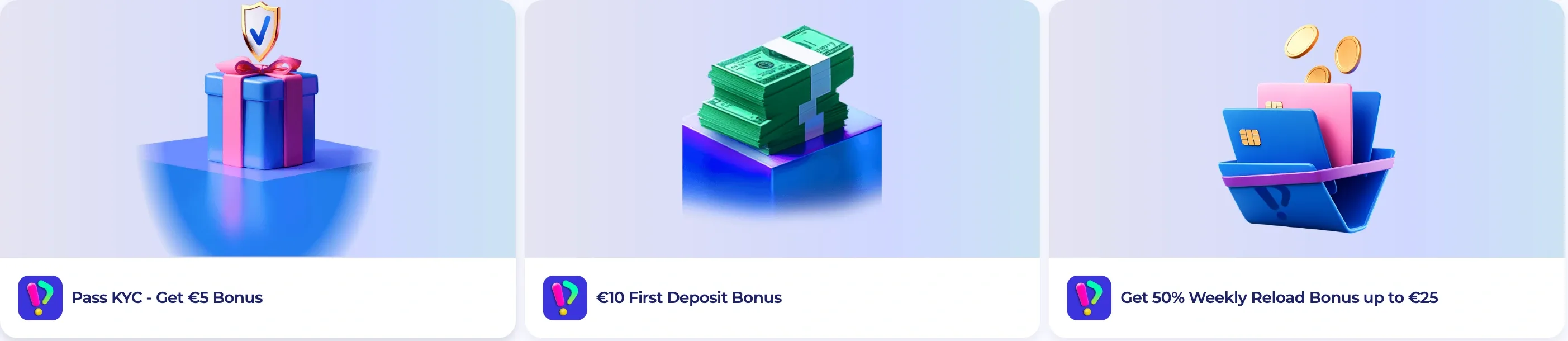PlayID bonus system showing the 5 Euro KYC reward, 10 Euro first deposit bonus, and 50 percent weekly reload offers.