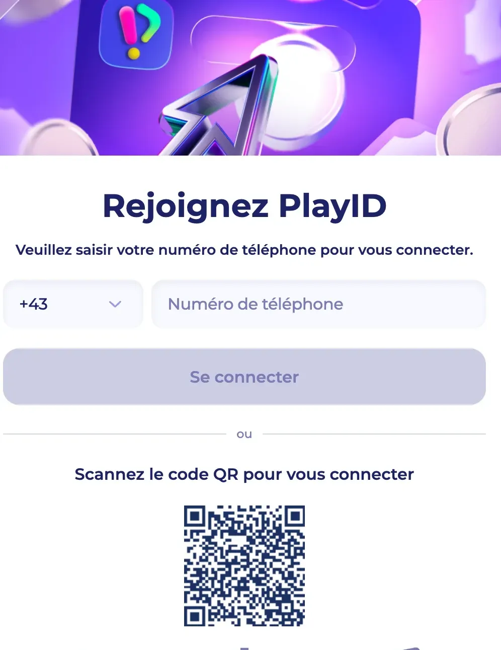 Écran de connexion à l'application PlayID via numéro de téléphone ou scan de code QR sécurisé