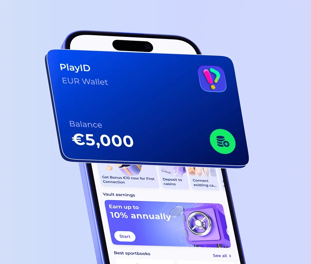 PlayID Mobile App UI mit €5.000 Guthaben-Anzeige, EUR Wallet und Tresor-Zinsen Ankündigung.