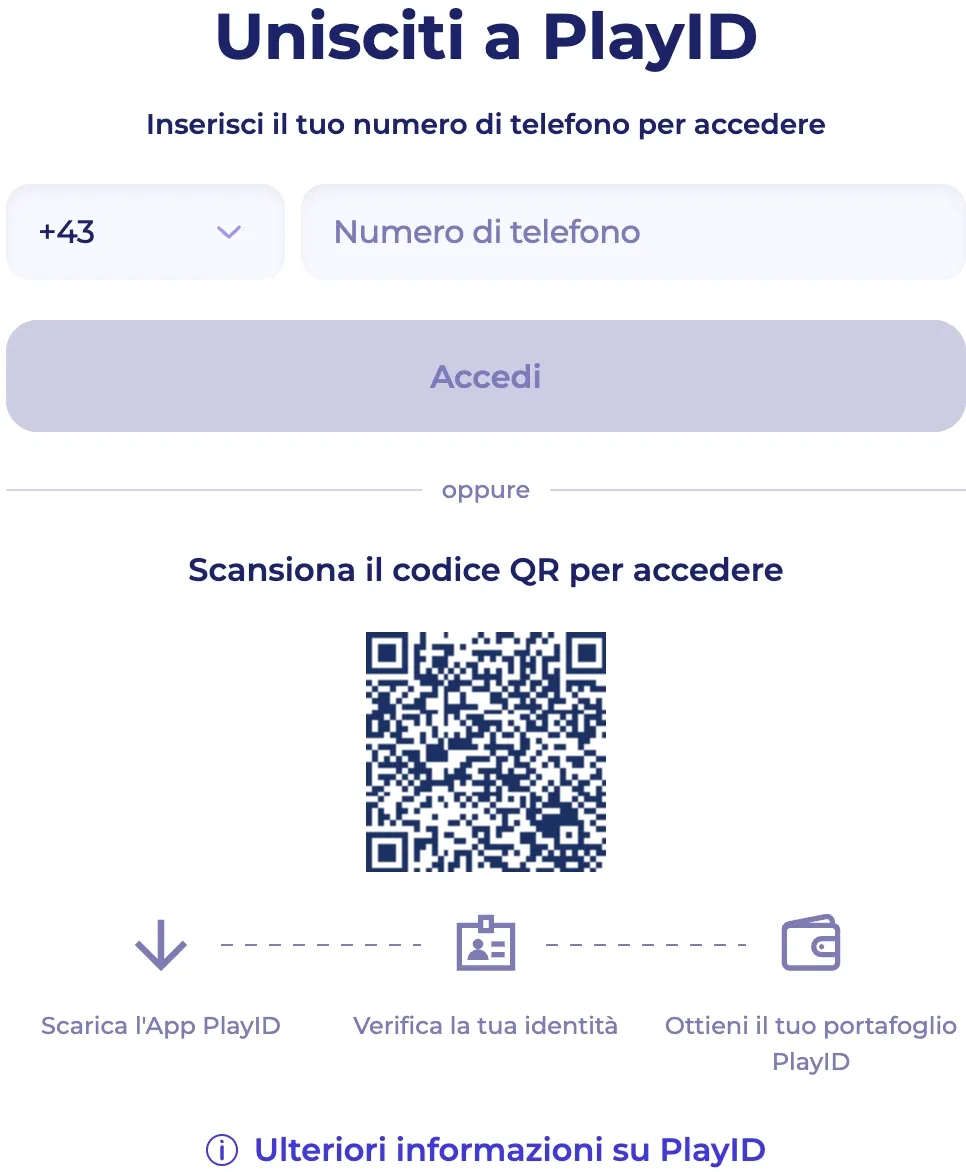 Schermata di playid login tramite numero di telefono o scansione del codice QR per un accesso immediato.