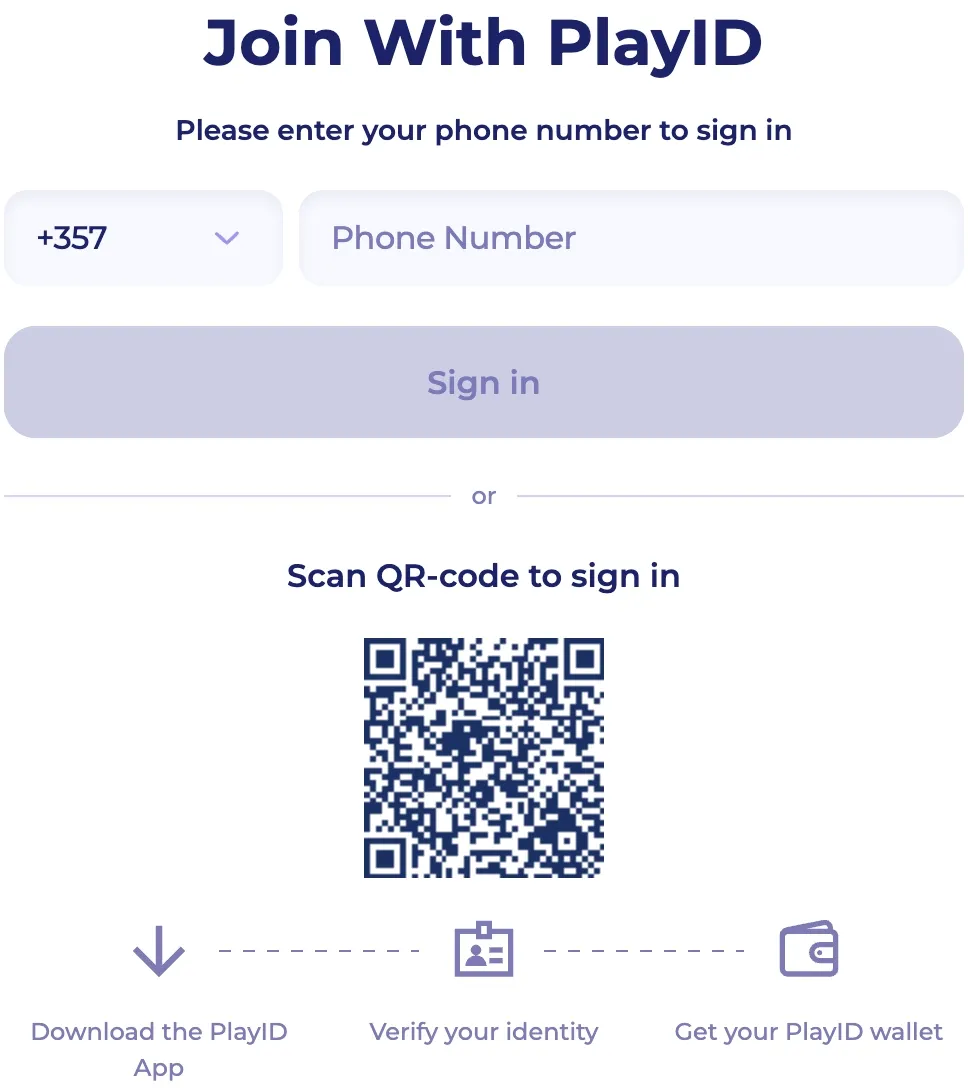 PlayID login screen demonstrating instant account access via mobile phone number entry or quick QR code scan.