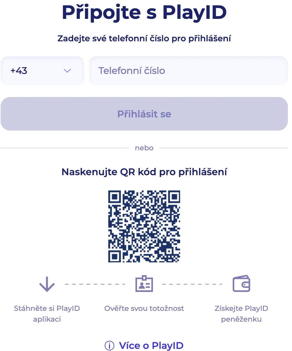 PlayID login přes mobilní aplikaci pomocí QR kódu pro bezpečný a rychlý přístup.