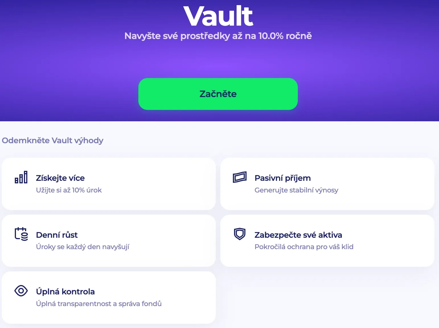 Funkce Vault v elektronické peněžence nabízí pasivní zhodnocení prostředků až 10 % ročně.
