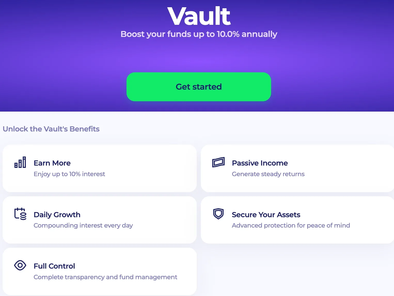The PlayID Vault interface highlighting up to 10 percent annual compounding interest and daily growth for fiat balances.