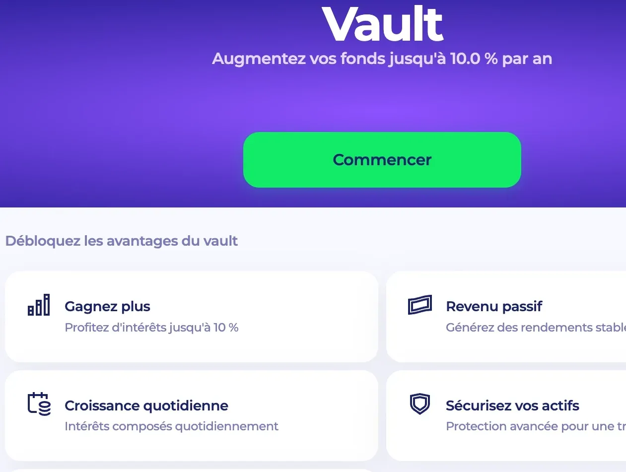 Interface du programme Vault PlayID illustrant une croissance quotidienne et jusqu'à 10 % d'intérêts annuels sur votre solde